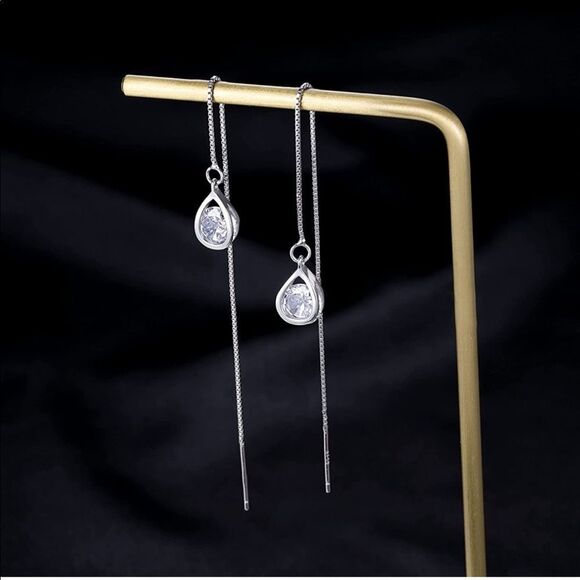 925 Sterling Silver Crystal CZ Tassel Chain Dangle Earrings - Picture 3 of 5